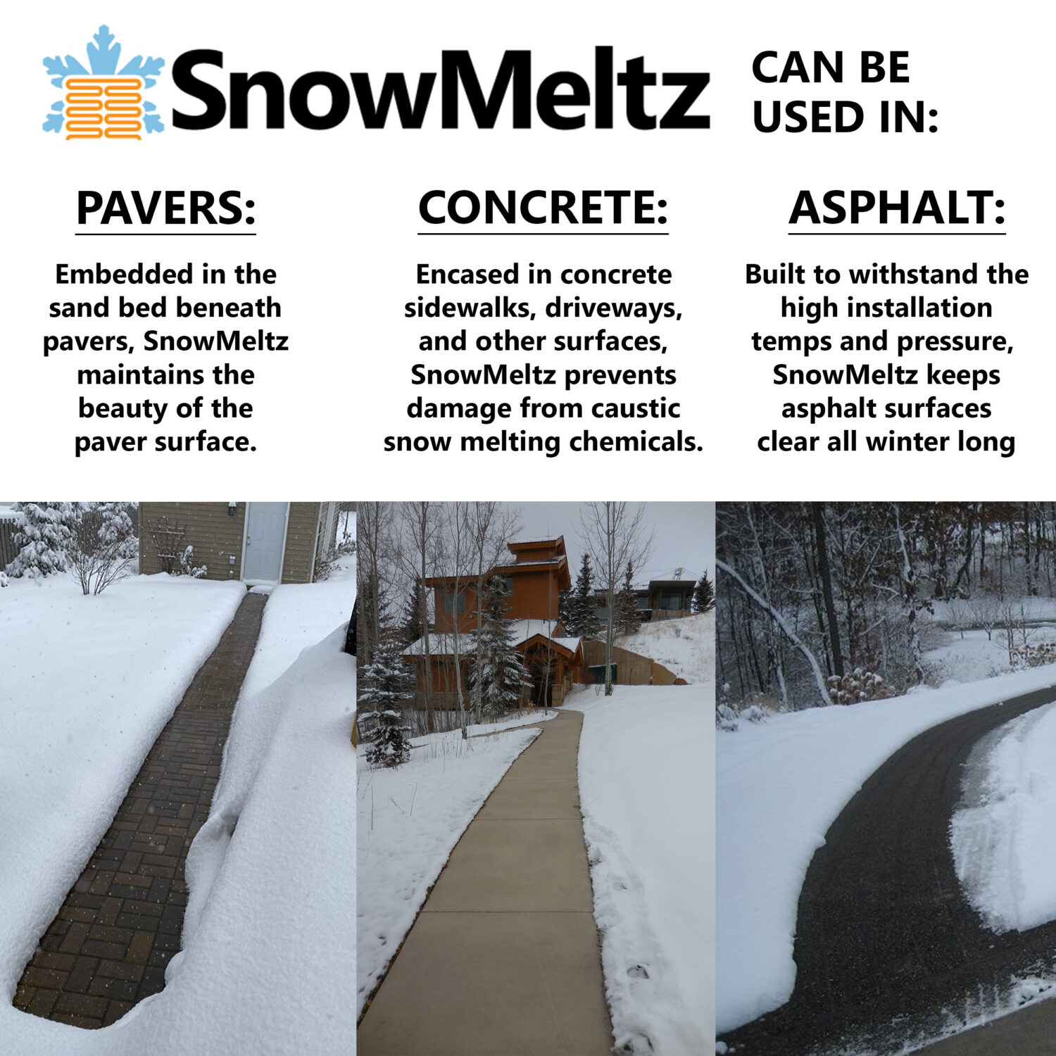 SnowMeltz electric snow melting system for driveways and walkways - acceptable substrates