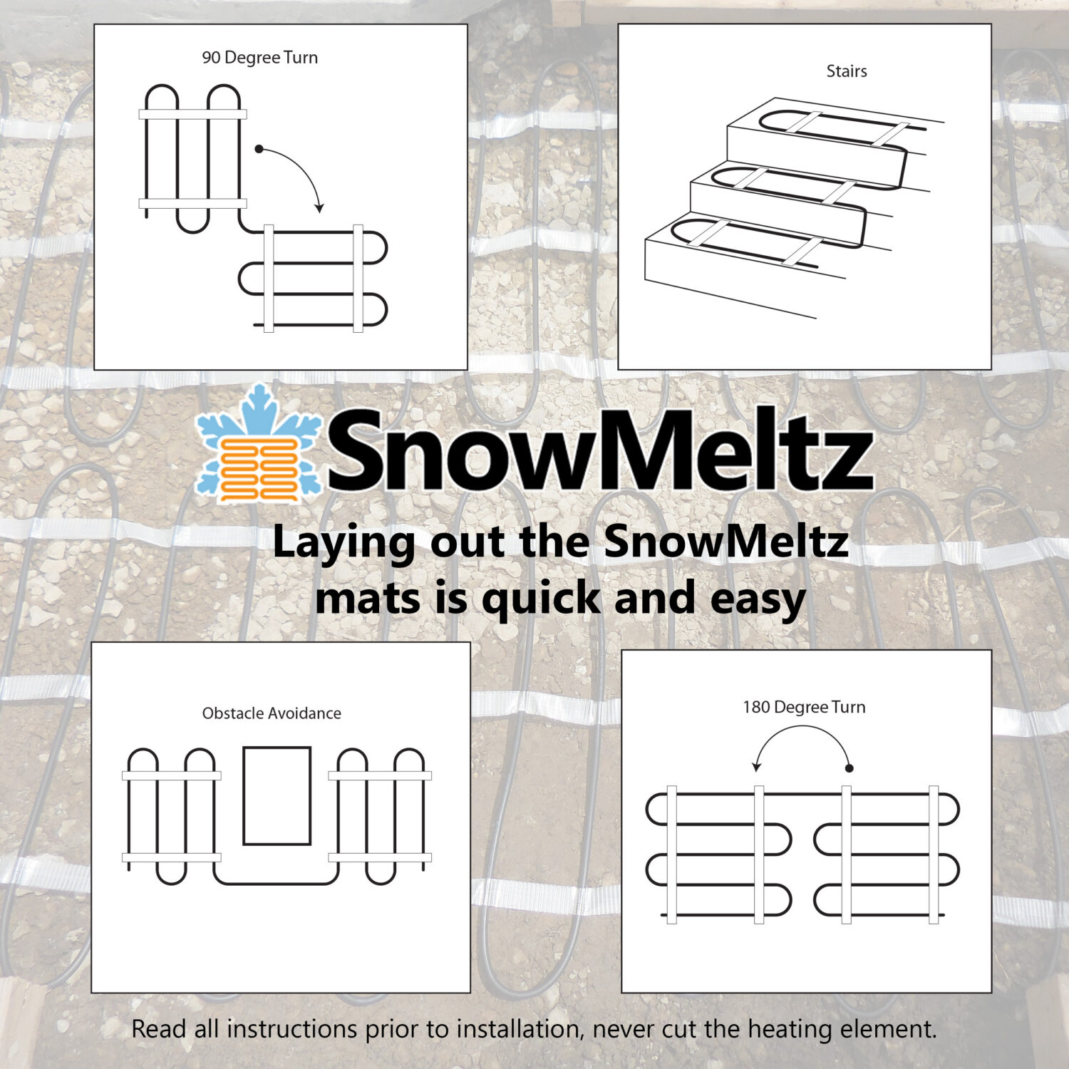 SnowMeltz electric snow melting system for driveways and walkways - layout diagrams