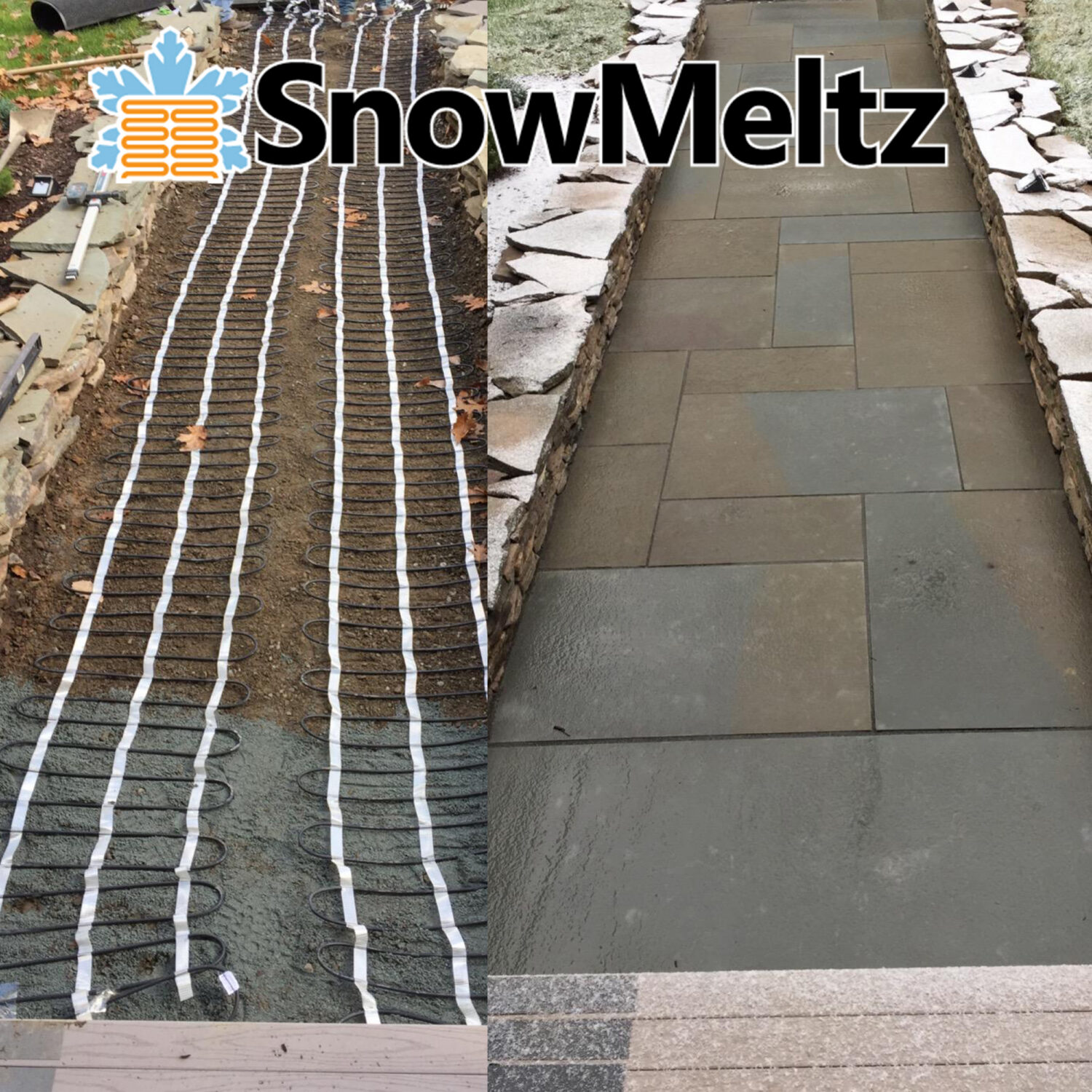 SnowMeltz electric snow melting system for driveways and walkways - in action paver walkway