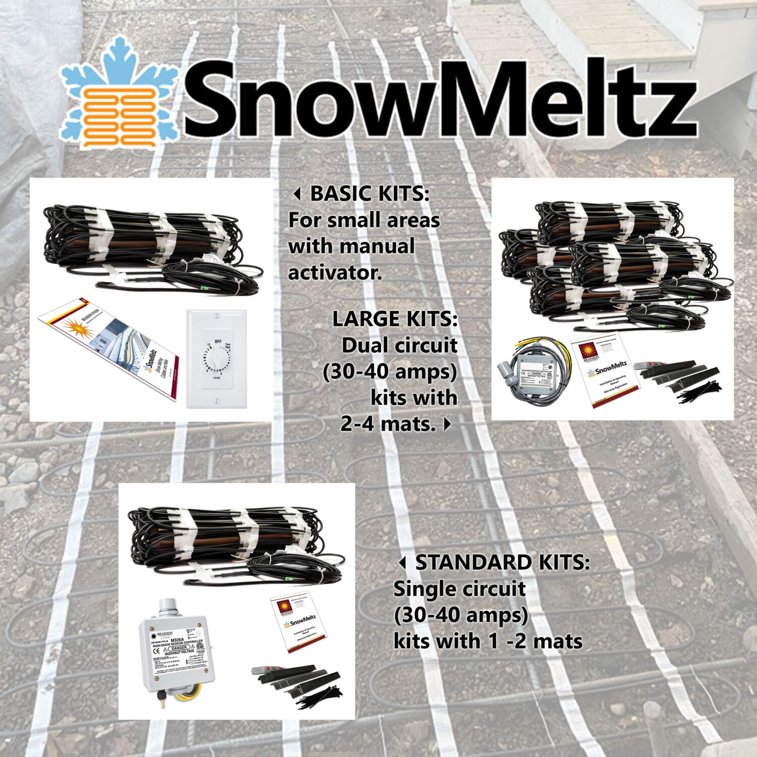 SnowMeltz electric snow melting system for driveways and walkways - basic/large/standard kits